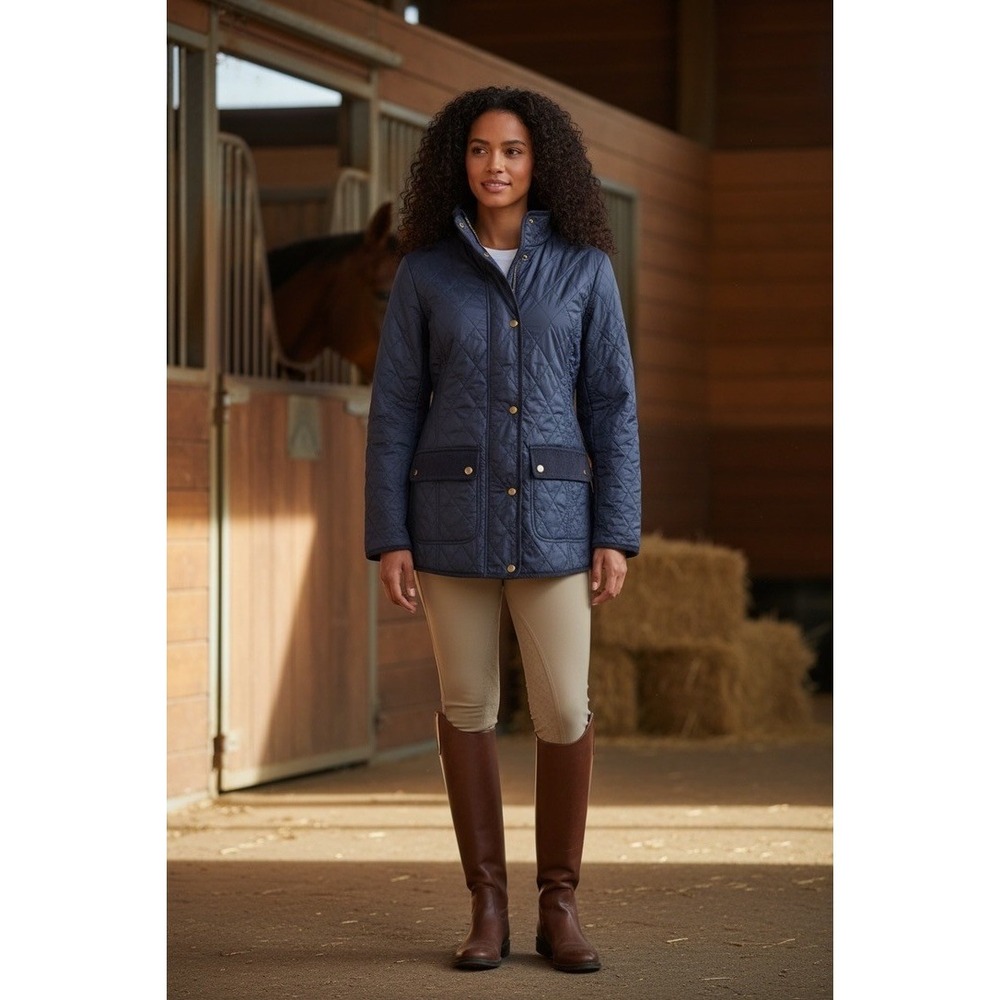 "Talbots" Womens Navy Blue Quilted Barn Jacket Fleece Lined Size S NO BELT Warm